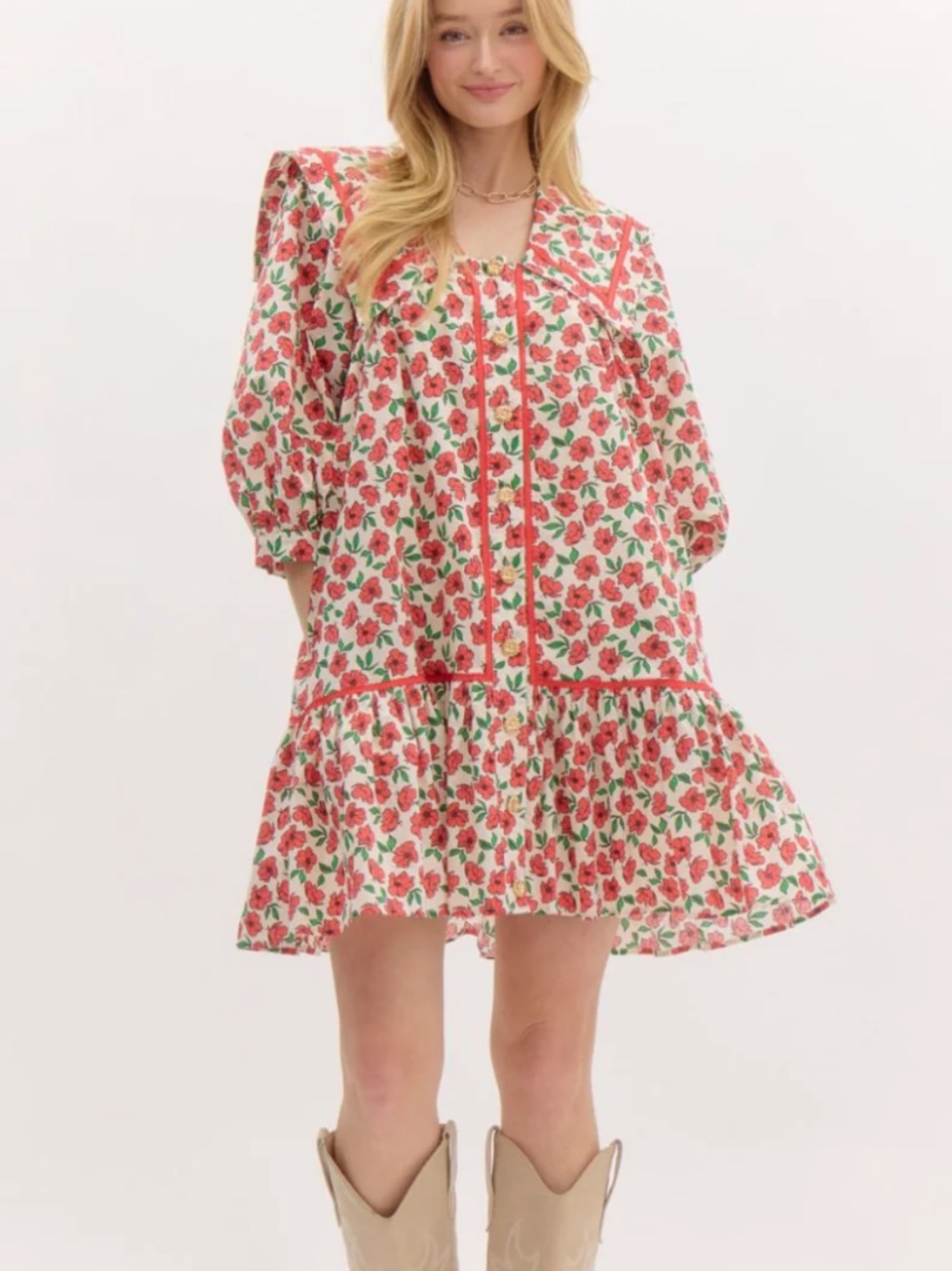 New Red Floral Cape Collar Quarter Sleeve Dress with Gold Daisy Buttons